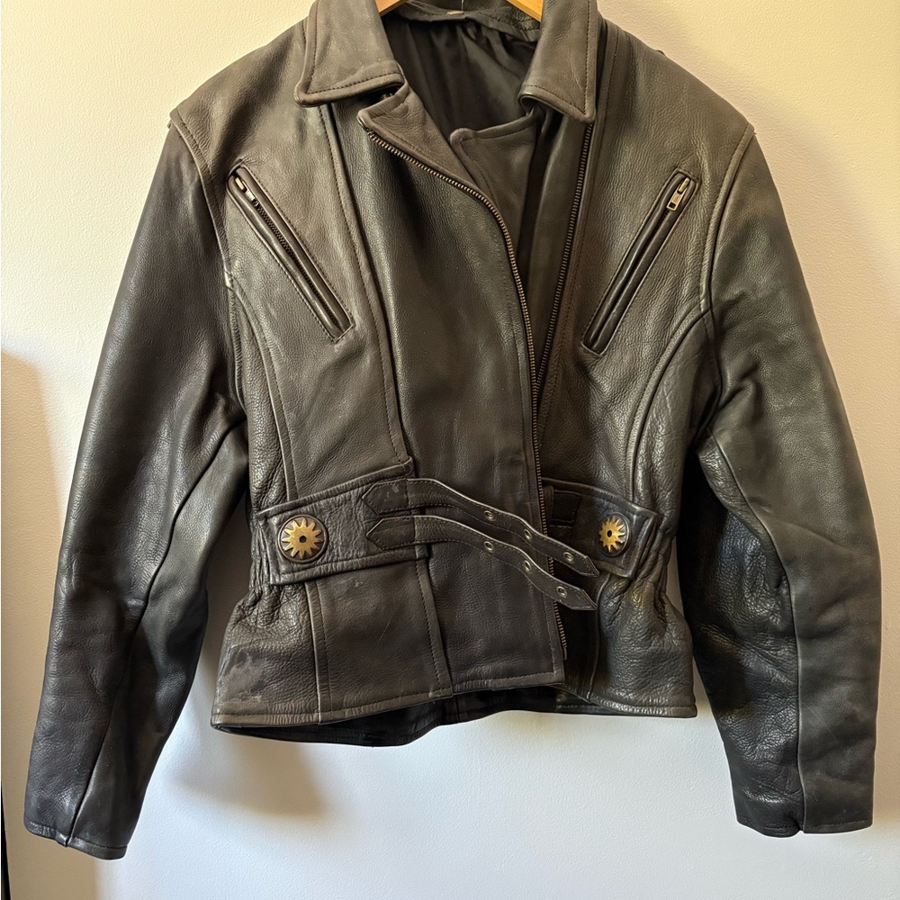 Black Leather Moto Jacket with Buckle Waist